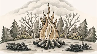 Autumn bonfire with natural materials piled nearby.