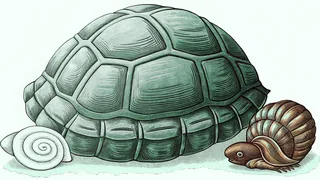 A turtle shell, a snail, a coconut, and a walnut arranged together on a wooden surface.