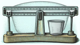 Measuring instruments including ruler, scale, and cup.