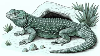 A speckled lizard rests on a sun-warmed stone next to a hollow log, its markings blending into the rock.
