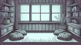 A classroom reading nook with floor cushions, a woven basket and a potted fern beside a window.