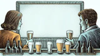 A lively bar scene with beer and cocktails on the counter among socializing patrons enjoying drinks.