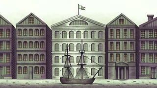 Colonial-era buildings and ships from the American Revolutionary period