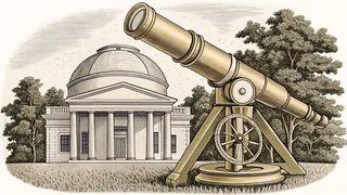 A brass telescope and a drafting compass sit beside a domed plantation rotunda in Virginia.
