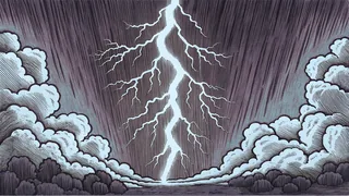 Thunderstorm scene with lightning bolt, dark clouds, heavy rainfall, hailstones.