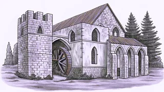 Medieval stone structures frame a monastery and watermill beside a forested moat landscape.