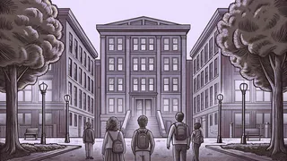 A busy street intersection shows students walking toward a distant school building.