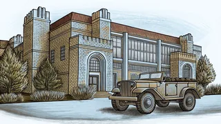 A classic military jeep displayed near Toledo's historic glass buildings.
