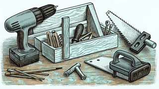 A carpenter's workbench stacked with hand and power tools.