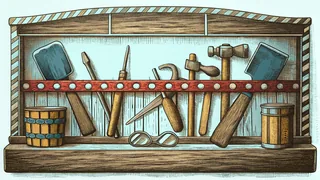 Assorted hand tools arranged on a wooden workbench.