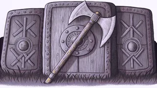 Viking battle axe and shield beside Nordic runes etched into stone tablet