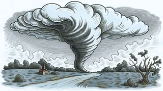 Tornado scene showing rotating funnel cloud, debris in wind, and storm rotation.