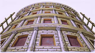 An ancient stepped tower under construction with scattered stones around its base