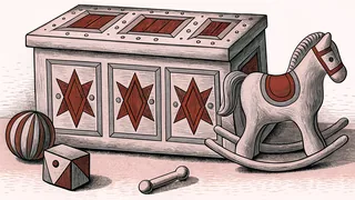 A wooden toy chest stands open beside a rocking horse, with colorful blocks and a spinning top scattered nearby.