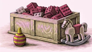 A wooden toy chest stands open beside a rocking horse with building blocks and spinning top spilling out.