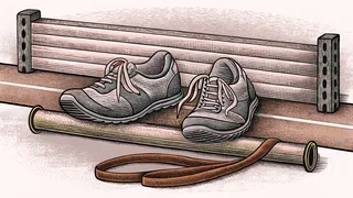 A relay baton and running shoes sit on a red track near an athletic hurdle.