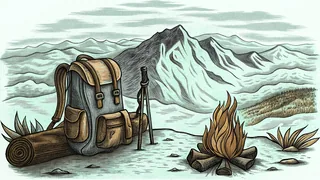 Hiking backpack beside a campfire on a mountain ridge with distant peaks.