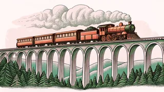 A steam locomotive crosses a soaring rail viaduct pulling a string of freight and passenger cars.