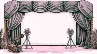 A cinema projector, studio camera, and boom microphone are arranged on tripods in a professional studio setting.