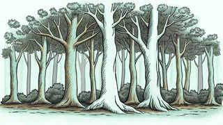 Varied tree types showing trunks, branches, colorful leaves, and root systems.