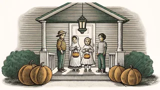 Children in Halloween costumes collecting candy on a darkened porch.
