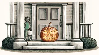 A Halloween porch decorated with a glowing jack-o'-lantern and trick-or-treater in costume.