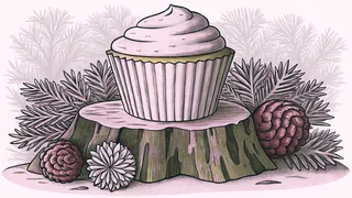 A frosted cupcake on a mossy tree stump beside two pinecones.