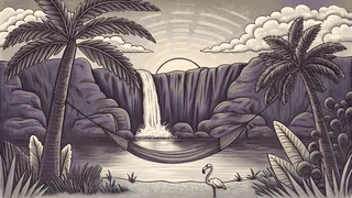 A flamingo rests near a palm tree and hammock overlooking a tropical waterfall.