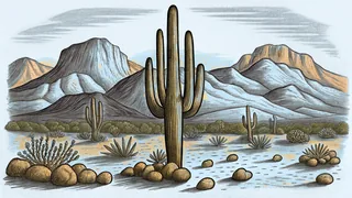A giant saguaro cactus rises from the golden Sonoran desert landscape