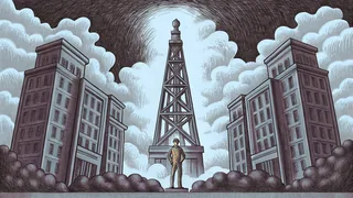 A large oil derrick standing near Tulsa's famous golden driller sculpture.