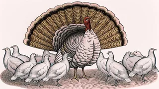 Turkey on roost with ruffled plumage and wattle standing above its flock.
