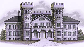 An imposing manor rises with stone battlements against swirling fog.