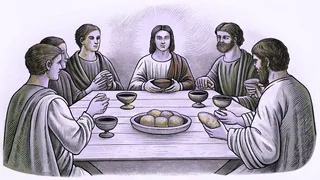 A group seated at a long table during a solemn communal meal.