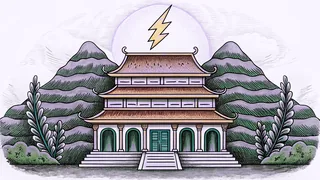 A marble temple on a peak with a lightning bolt, laurel wreath and sandals.