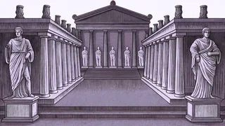 Classical Roman sculptures displayed in a temple.