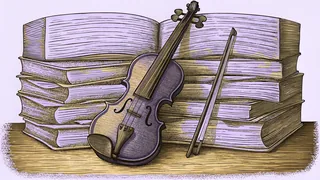 A violin rests on a table beside aged historical documents.