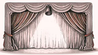 A blank theatre marquee is illuminated by a theatrical spotlight against deep burgundy velvet drapes.