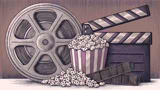 A brass film reel and clapper board rest beside a striped popcorn box on a cinema counter.