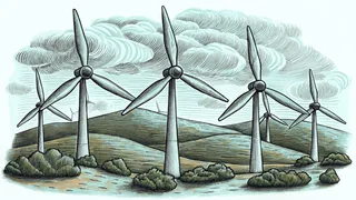 Wind and solar energy sources spin and shine across a sustainable renewable landscape.
