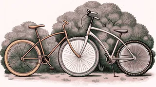 Various bicycles line a garage—mountain bike with knobby tires, road bike, and vintage unicycle.