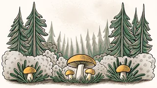 A forest floor displaying various mushroom varieties including chanterelles and shiitake.