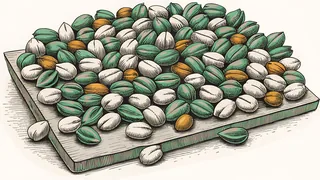 A variety of shelled nuts displayed on a wooden cutting board.