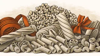Different pasta shapes arranged in colorful groups.
