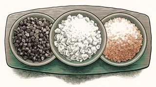 Various salt varieties including sea salt crystals, pink Himalayan, and black Cyprus salt.