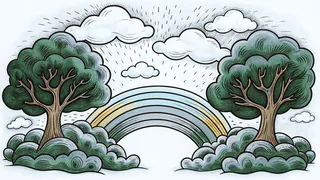 Variety of weather conditions including sun, storm clouds, rainbow, frost, wind.
