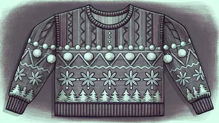 Outrageous Christmas sweater loaded with sequins, pompoms, and gaudy reindeer design