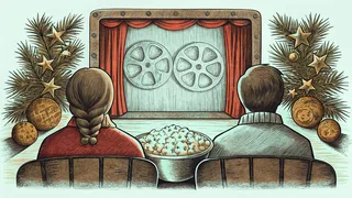 A festive movie theater with popcorn and colorful Christmas films projected on screen.