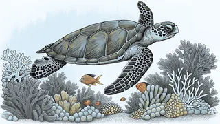 A sea turtle swims above a coral reef with colorful fish and sea sponges.