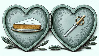 A heart-shaped locket sits beside a small toy knife and a slice of butterscotch pie.