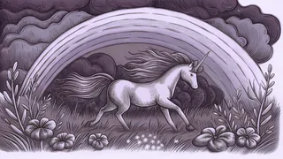A magical unicorn with flowing mane runs through a meadow under a rainbow.